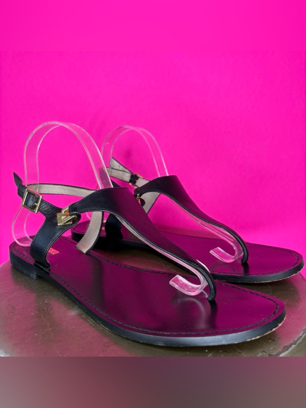 Louise Et Cie Arcata Black Leather Gold Hardware Toe Post Slingback Sandal US 10